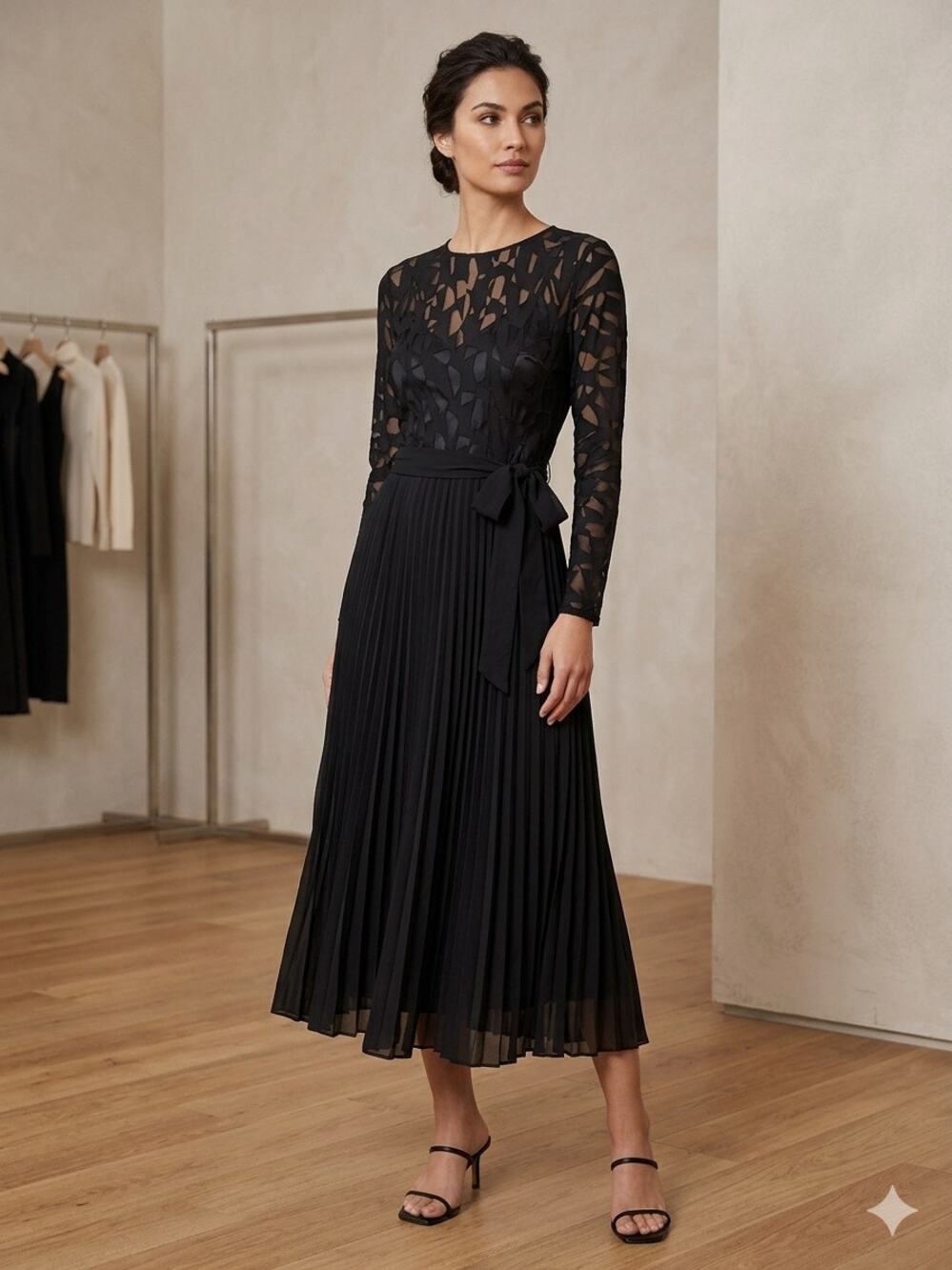Hugo boss black long sleeve lace pleated dress size M - Picture 1 of 6
